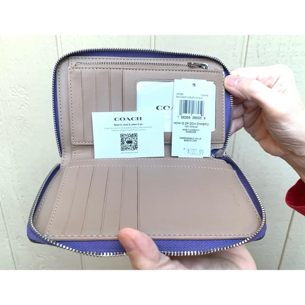 NWT Coach Medium Zip Checkerboard Wallet in Light Violet Chalk